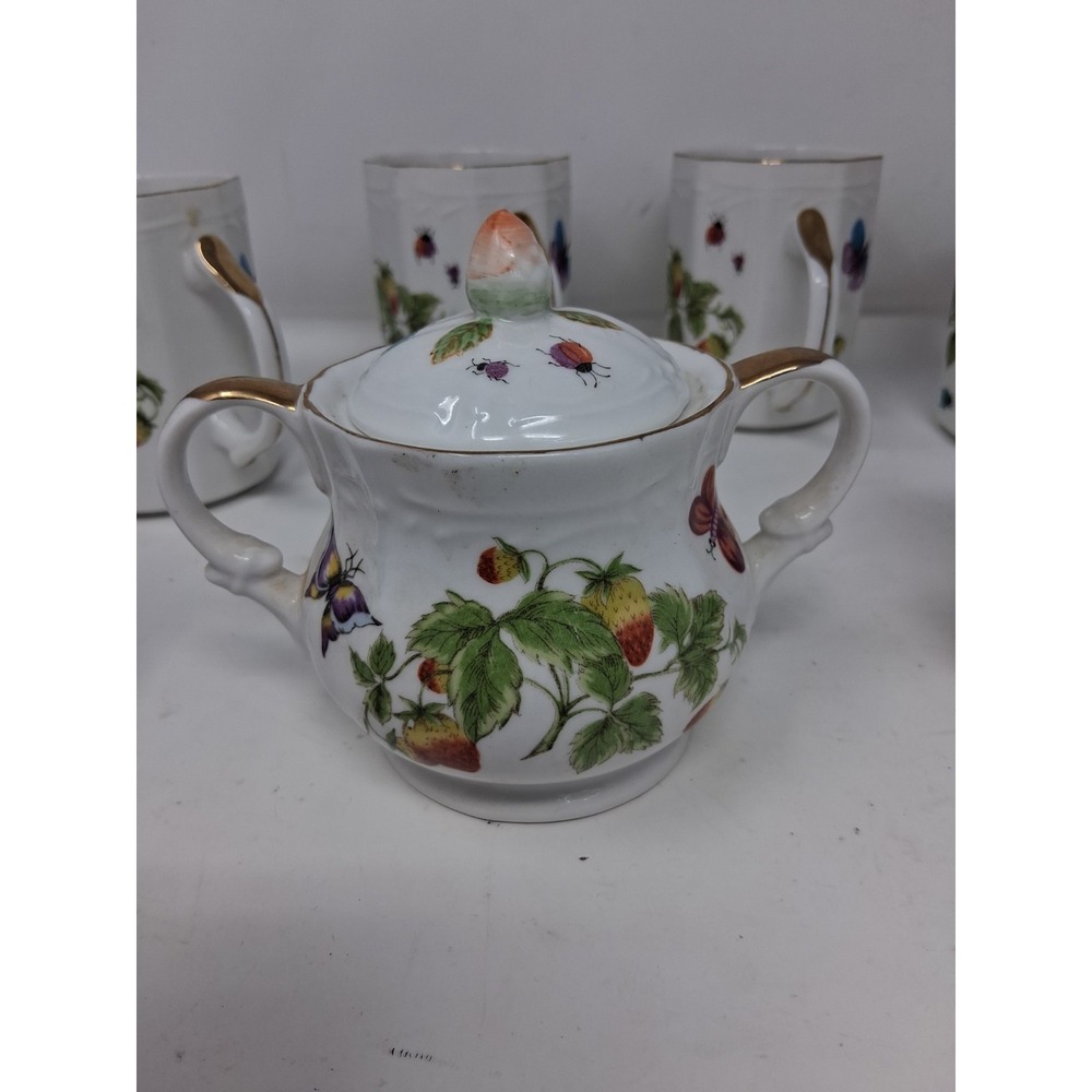 Set Ardalt Japan Cream&Covered Sugar set with 7cups Buttcmerflies&Strawberries A - Picture 4 of 16